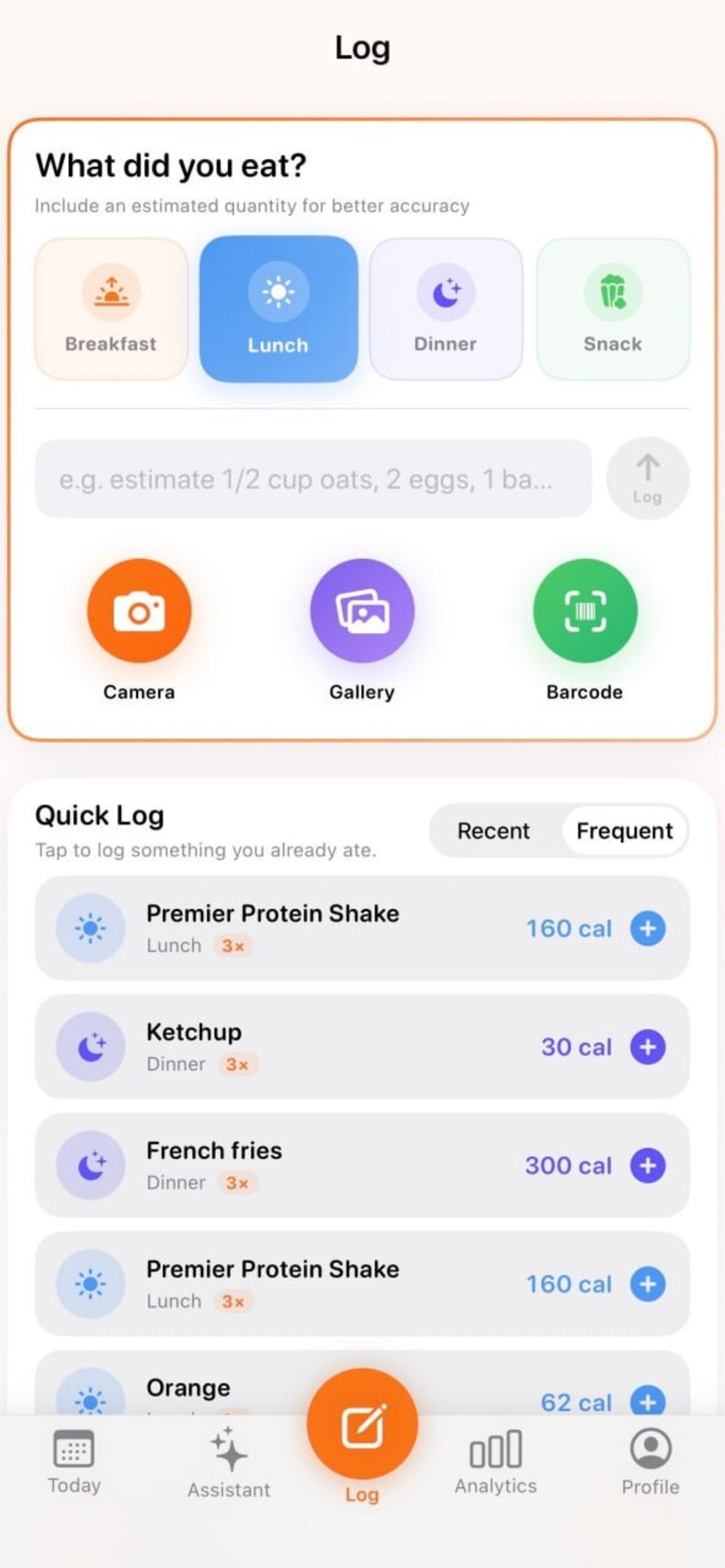 MealScout iOS Log screen for quick meal logging