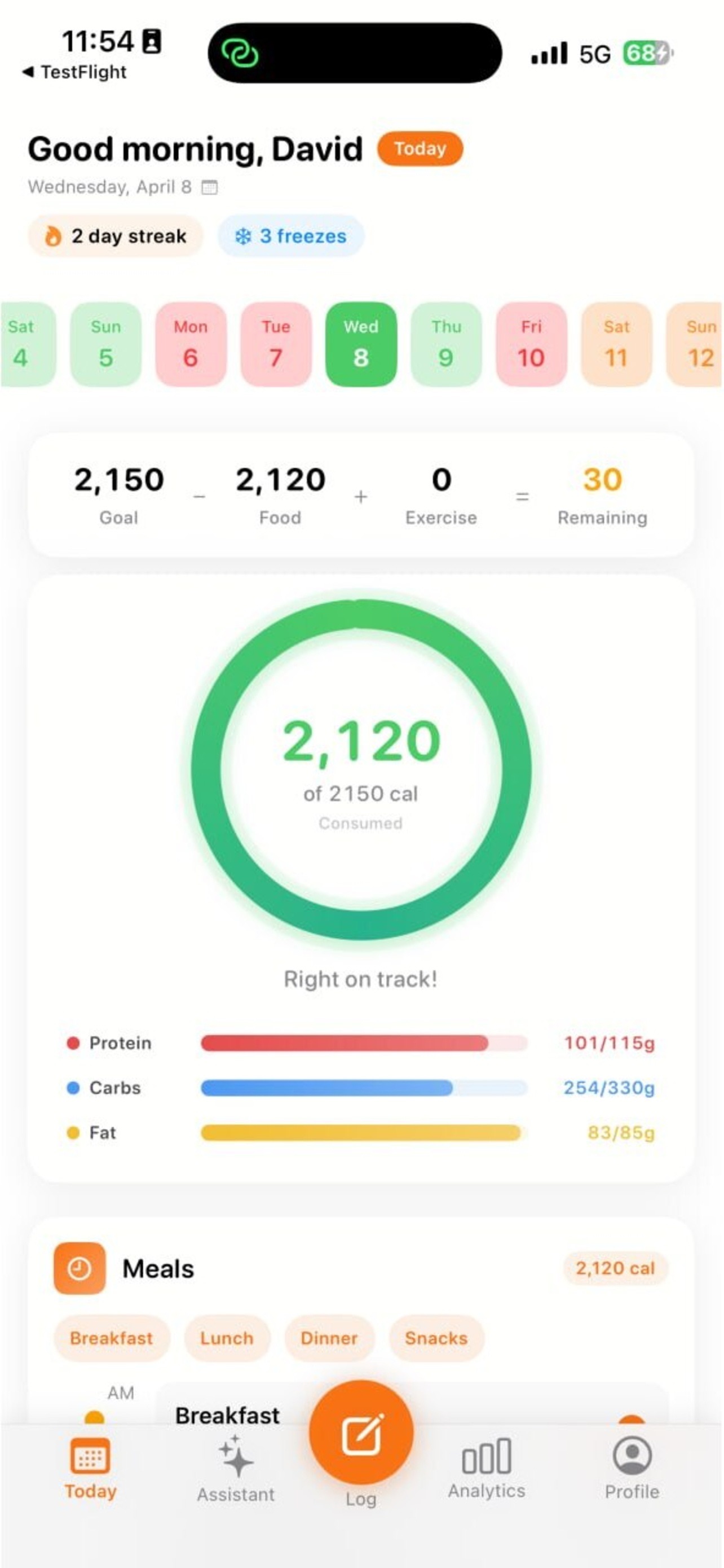 MealScout iOS Today dashboard with calories and macro progress